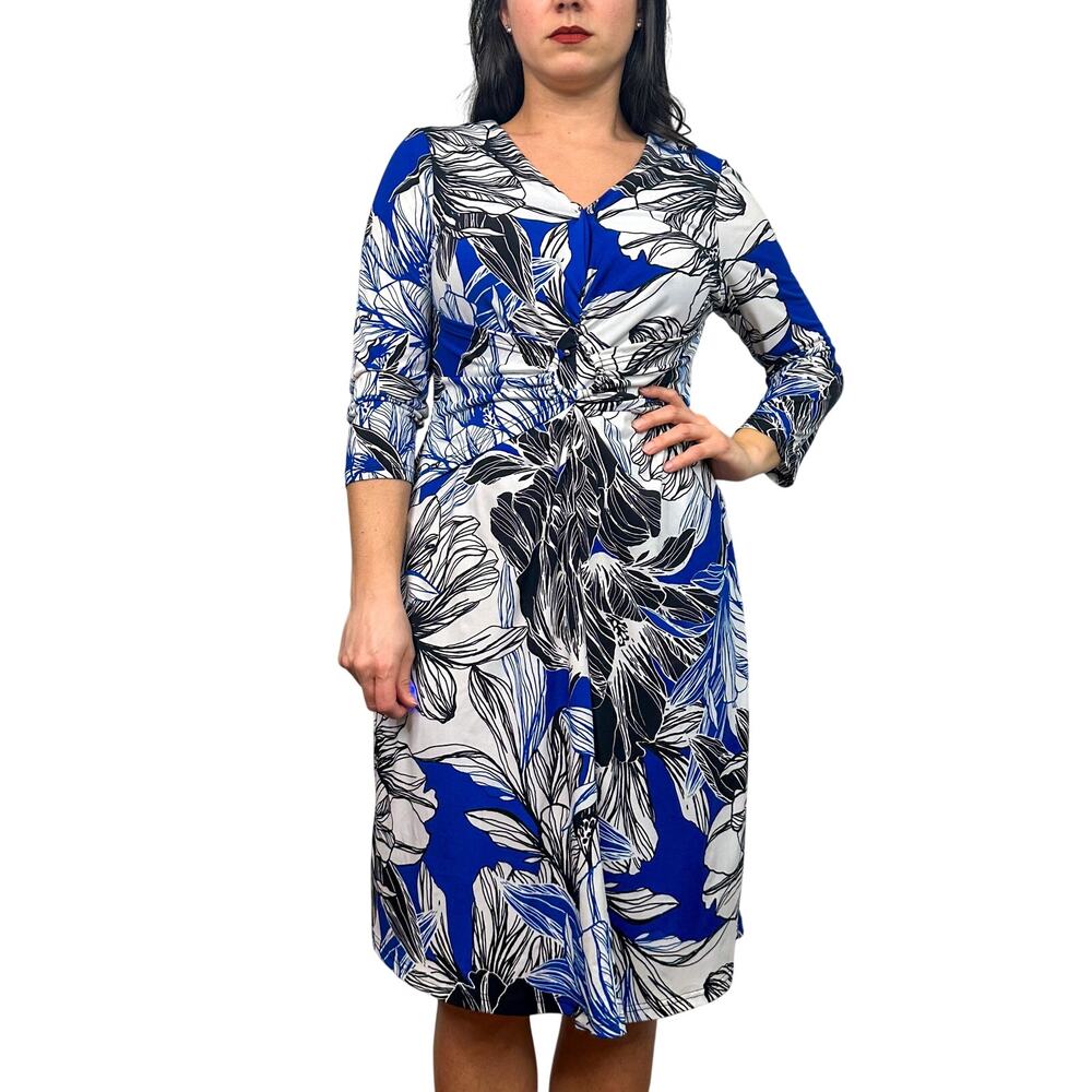 Adrianna Papell Blue White & Black Leaf Print 3/4 Sleeve Dress